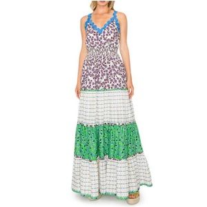 MELLODAY Mixed Print Floral Sweetheart Tiered Maxi Dress Cream Green Multi Sz XL